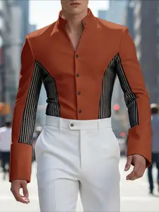 INCERUN Men's Patchwork Mesh Colorblock Shirt, Button Long Sleeve Top, Slim Fit Casual Office Wear, Daily Fashion Clothing