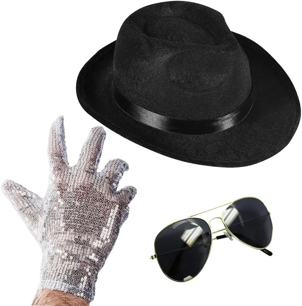Funny Party Hats Michael Cosplay 3-Piece Costume Set - Black Fedora Hat, Sequin Glove, and Sunglasses MJ Costume Kit - Michael Accessories For Kids and Growns-Ups, Halloween & Other Occassions