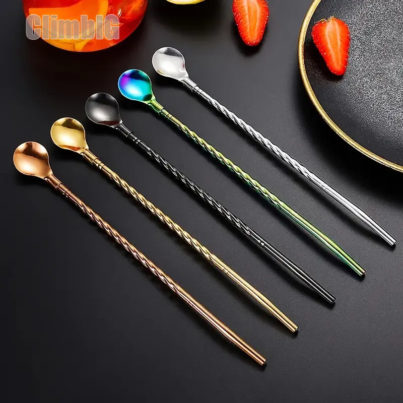 1Pcs/5Pcs Stainless Steel Long-Handled Coffee Spoon—Suitable For Stirring Iced Tea, Desserts, And Ice Cream; Features A Twisted Handle Design; Ideal For Camping, Outdoor Picnics, Cafés, And Home Kitchens; A Must-Have Item For RV Camping