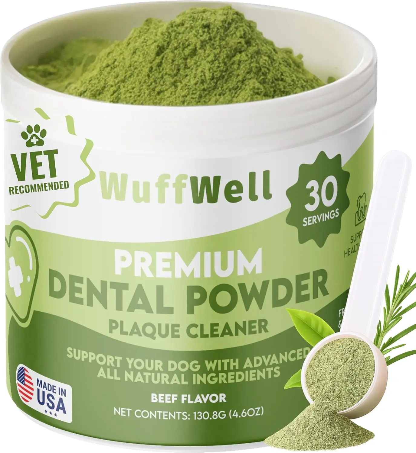 WuffWell Premium Dental Powder for Dogs - Natural Beef Flavor Formula for Tartar Reduction & Oral Health Support - Vet Recommended, Easy Application, 30 Servings