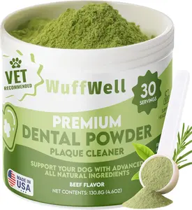 WuffWell Premium Dental Powder for Dogs - Natural Beef Flavor Formula for Tartar Reduction & Oral Health Support - Vet Recommended, Easy Application, 30 Servings