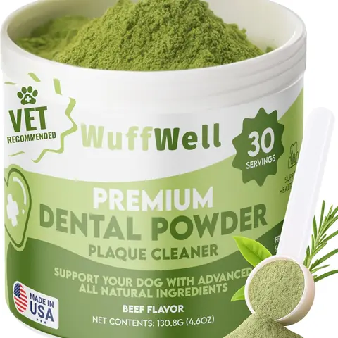 WuffWell Premium Dental Powder for Dogs - Natural Beef Flavor Formula for Tartar Reduction & Oral Health Support - Vet Recommended, Easy Application, 30 Servings