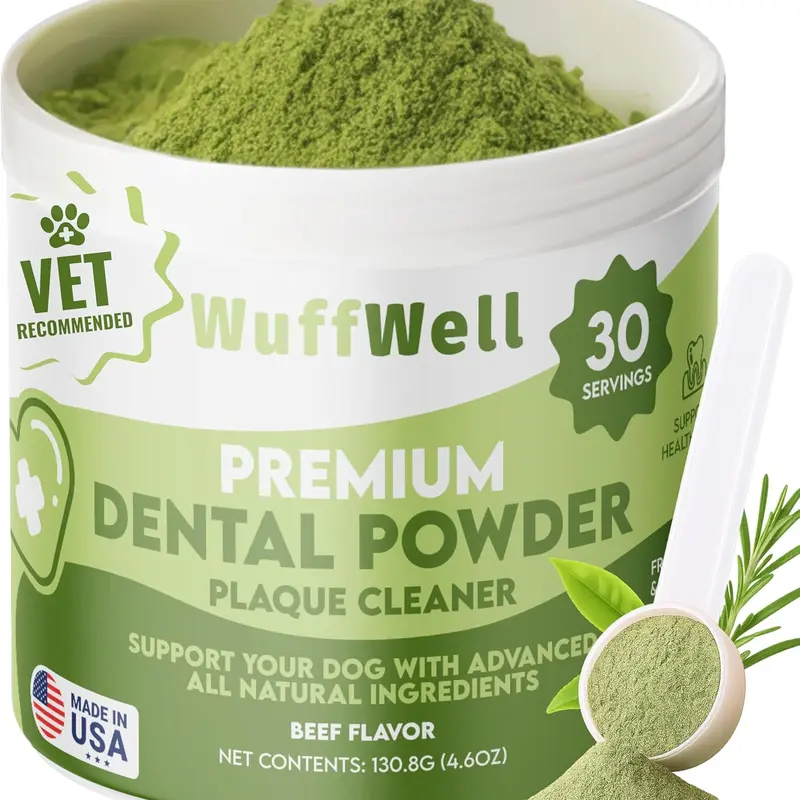 WuffWell Premium Dental Powder for Dogs - Natural Beef Flavor Formula for Tartar Reduction & Oral Health Support - Vet Recommended, Easy Application, 30 Servings