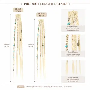 Buy One Get One FreeBohemian Feather Turquoise Hair Braid Clip-InHippie Style Braided Hair Extensions with Beads & Charms Light Blonde Festival Hair Braids with Turquoise Stones Ornaments Decor party event prop