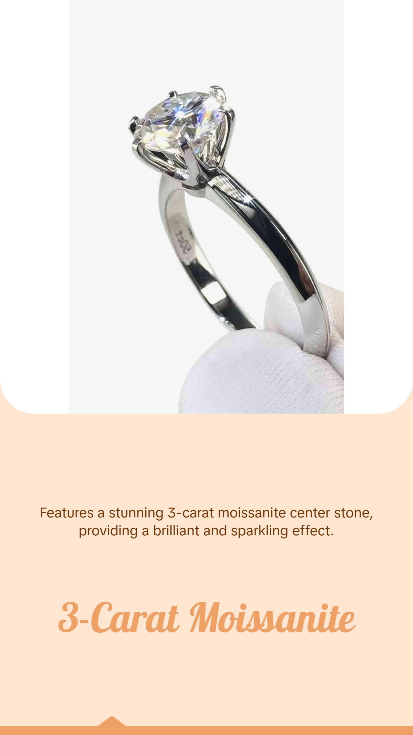 Adored 925 Sterling Silver 3 Carat Moissanite 6-Prong Ring