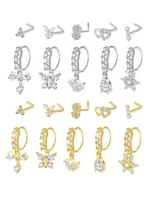 Dangling Nose Ring Butterfly Heart Drop Flower Cubic Zirconia Cartilage Earrings Dangling Nose L-Shaped Nose Stud Stainless Steel Body Piercing Jewelry 20 Gauge
