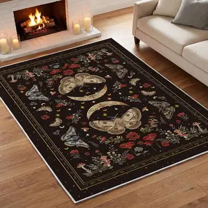 Black Area Rug Poppy Moth Mushroom Moon Fall Home Decor Low-Profile Washable Large Rug for Living Room Bedroom Farmhouse Dining Room Kids Playroom