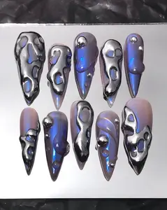 Custom Long Stiletto Metallic Silver Press On Nails - Free-Style Goth, Gothic, Emo Inspired Nails for Birthday, Holday, Party, Event