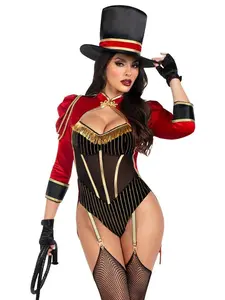 Ring Master Babe Costume - Velvet-Sleeved Tux-Lined Bodysuit with Classic Top Hat for Halloween & Circus Events