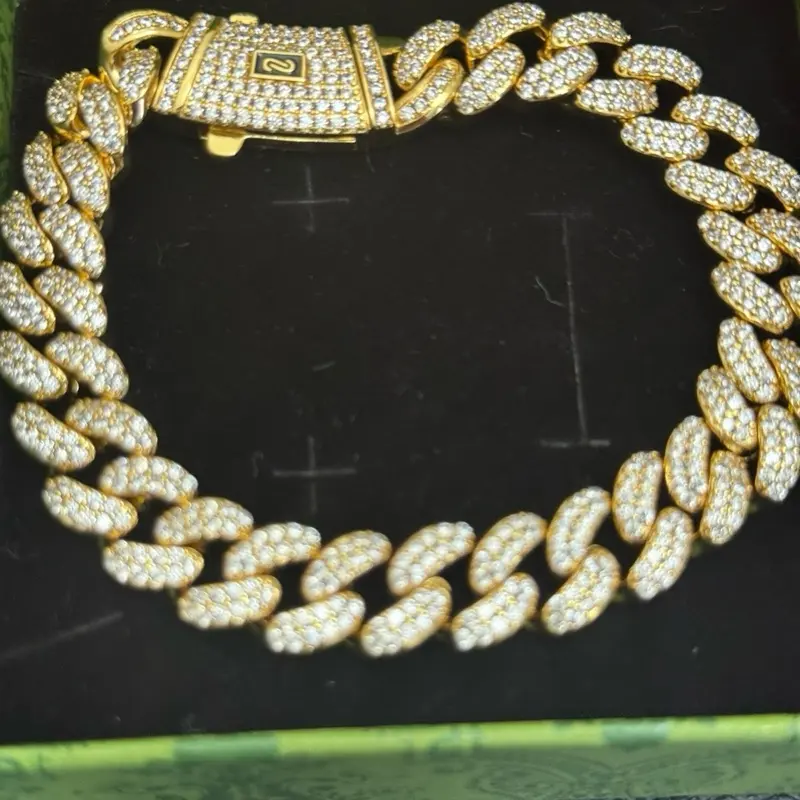 925 Silver Gold-Plated Moissanite Monaco Cuban Bracelet   12 mm ,9 inch 14 k gold color