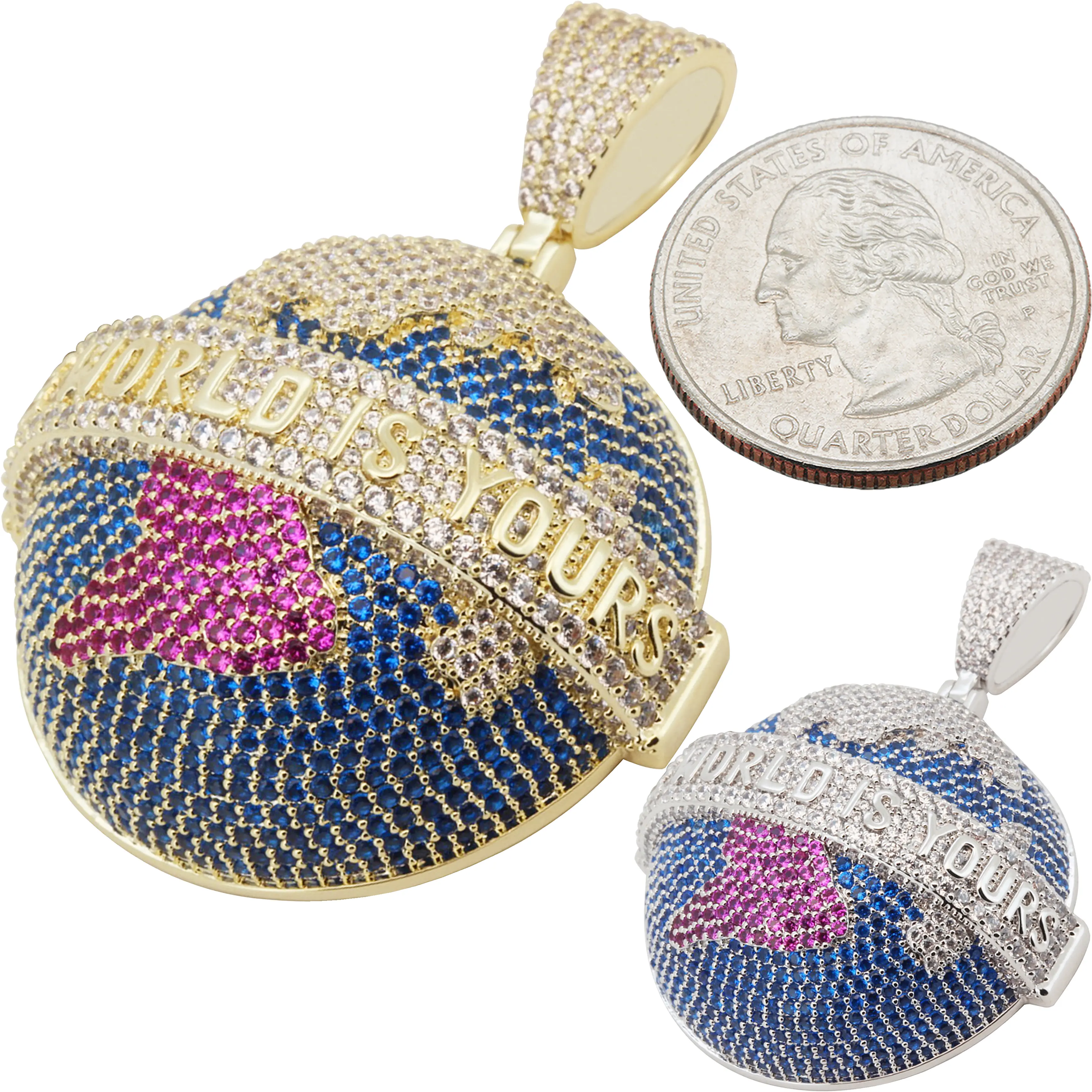 14k Yellow/White Gold Plated AAA Cubic Zirconia The World Is Yours Globe Pendant