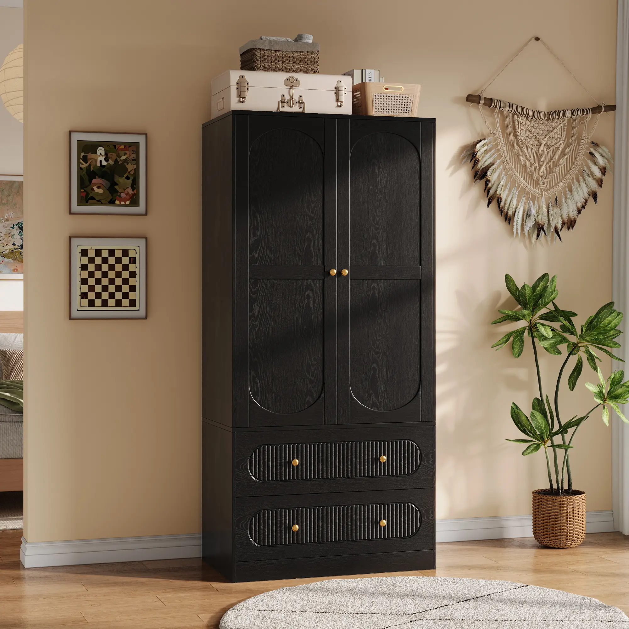 68.8" Wardrobe Armoire Wooden Closet with 2 Doors and 2 Drawers,Bedroom Armoire with Hanging Rod Shelf,Large Capacity Storage Wardrobe Armoire,Freestanding Wooden Closet Storage Cabinet White/Black
