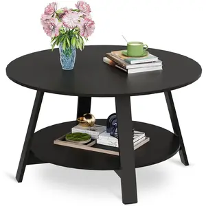Round Coffee Table, 2-Tier Wood Coffee Table with Storage Shelf, Tapered Legs, Circle Wood Small Center Table for Living Room, Apartment, Easy Assembly, Black