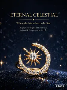 Celestial Sun & Moon Adjustable Ring for Women – Gold Open Ring with Crystal, Starburst Statement Jewelry Gift