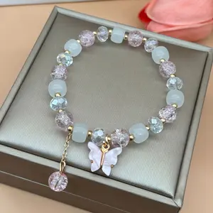 Bohemian Style Glass Bead Bracelet With Butterfly Charm Natural Stone Elastic Handcrafted Accessory For Year Round Wear Perfect Gift For Her