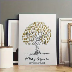 JIT 1PC Wedding Guest Book Alternative - Wedding Tree Art with Names & Date, Elegant Minimalist White & Golden - Framed Canvas Painting in Recycled Wood - Ready-to-Hang for Wedding, Anniversary, or Event Decor - , Wedding Decor