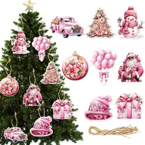 18 Pcs Christmas Tree Ornaments Set Pink Christmas Decorative Hanging Ornaments Xmas Tree Santa Claus Bell Snowman Cardboard Christmas Ornaments Christmas Tree Xmas Party Decoration Supply