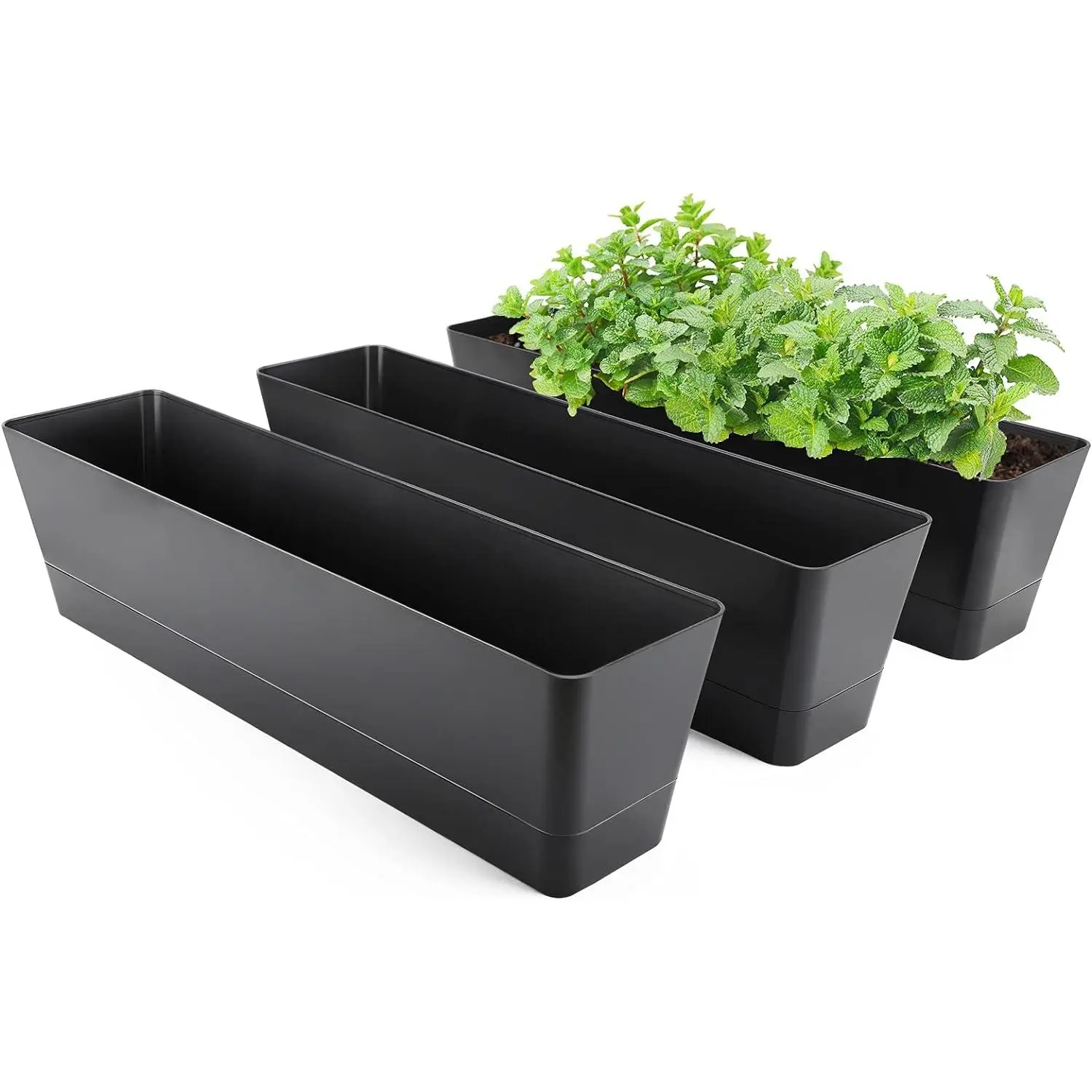 Window Boxes Planters, 3 count 16x3.8 Inch Black Rectangle Planters Box with Drainage Holes and Trays,    Plastic Pot for Windowsill, Garden, Balcony, Indoor, Outdoor Decor