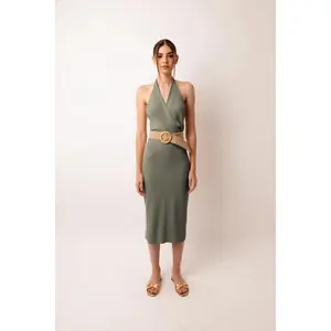Marrakech Knit Fitted Halter Neck Midi Dress Green
