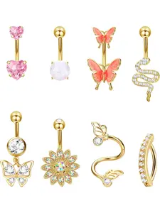 8PCS Belly Button Ring Surgical Stainless Steel Belly Button Rings for Women Dangle Belly Button Rings Butterfly Cubic Zirconia Body Piercing Jewelry