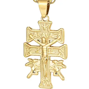 Catholic Caravaca Crucifix Cross Pendant with Cherub Angel Necklace for Women Men 14K Silver Tone Stainless Steel with 3mm Wheat Chain Necklace 20"+2"