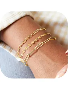 Gold Bracelets for Women Waterproof 14K Gold Plated Bracelet Stack Set Non Tarnish Trendy Thin Dainty Stackable Cuban Link Paperclip Chain Bracelet Pack Fashion Cute Jewelry Set