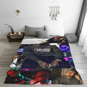 Chris Breezy Flannel Fleece Blanket, Lightweight Modern Throw Blanket, Vibrant Music Artist Design
