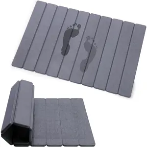 Foldable Stone Bath Mat, Quick-Drying Diatomite Bath Mat, -Drying Hard Stone Drying Mat for Bathroom Shower Floor, 23.6 x 15.4 inch (Dark Grey)