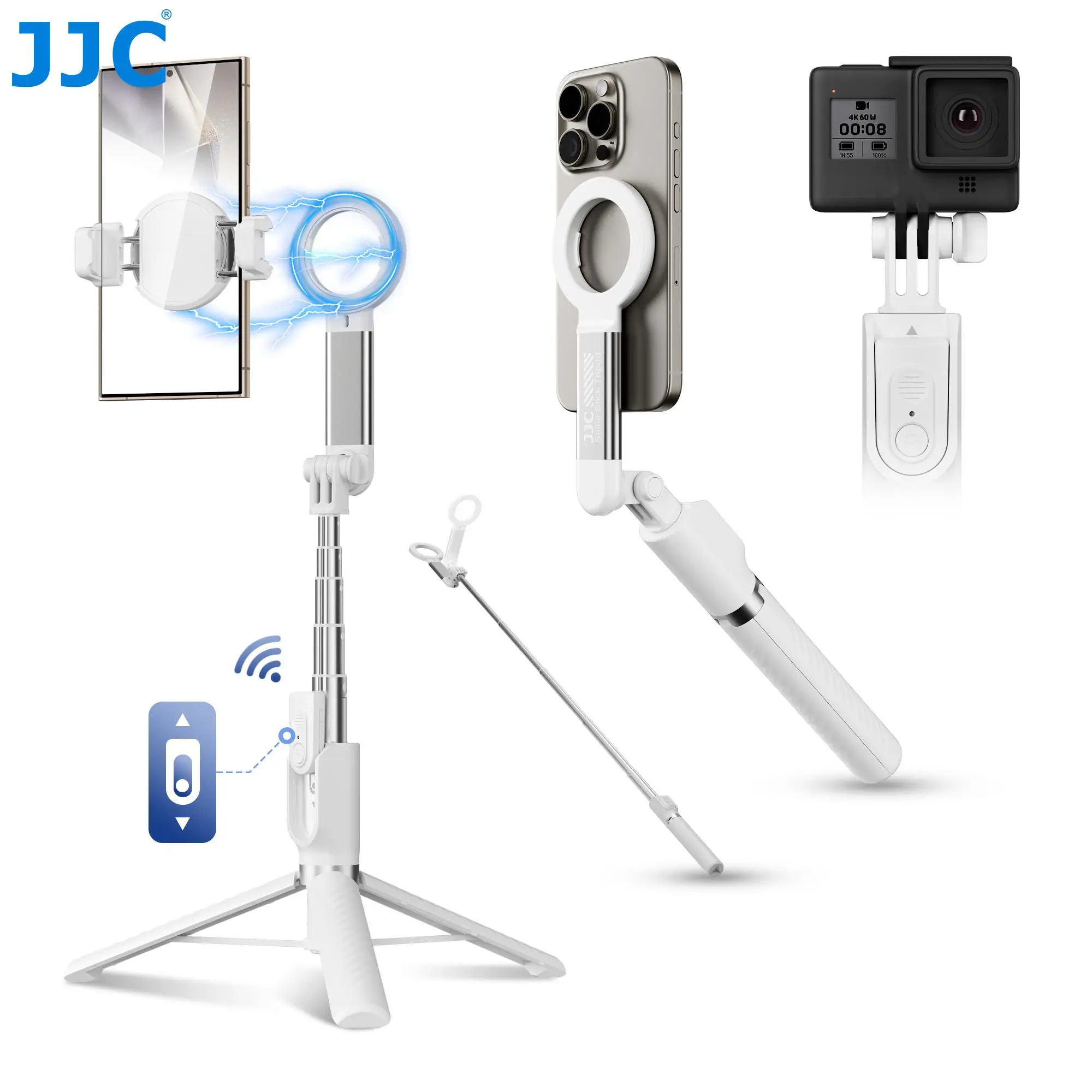 Magnetic Selfie Stick Tripod, Wireless Remote Control Selfie Stand with 2 Cold Shoe Mounts, Selfie Stick Tripod Stabilizer with Removable Phone Holder
