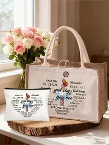God, cross, flower, Jesus pattern handbags, with makeup bags, ladies' portable zipper wallets, multi-functional portable handbags (suitable for teachers), Teachers' Day linen bags, ladies'