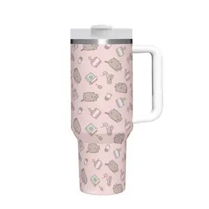40oz Insulated Mug, Pusheen Cat colorful with intricate patterns Insulated Tumbler,Double-Wall Vacuum Insulated Stainless Steel with Straw Lid & Handle, Leak-Proof Thermal Mug Keeps Drinks Hot 12H and Cold 24H, Valentines Birthday Gift