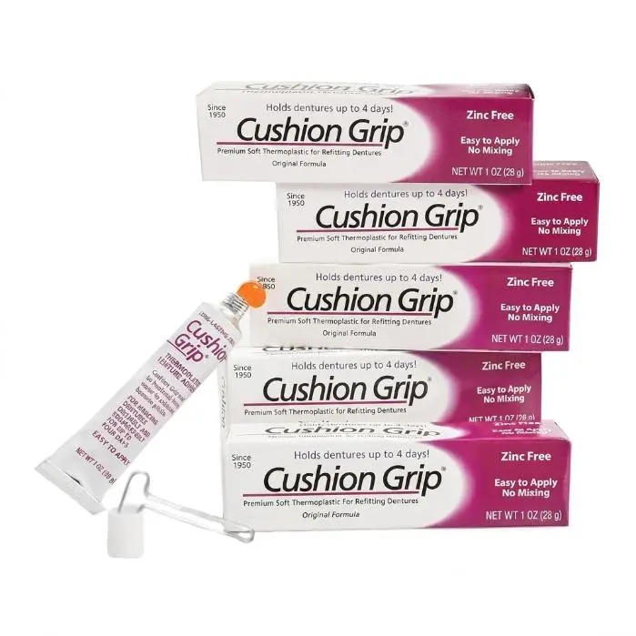 🔥 BEST SELLER!  Cushion Grip Thermoplastic Denture Adhesive – Refits & Tightens Loose Dentures, Works Like a Denture Reliner for Long-Lasting Comfort, Holds Up to 4 Days, Waterproof & Zinc-Free - 1 oz (Pack of 5)