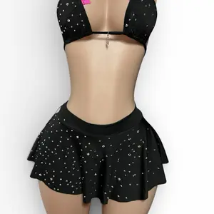 3 Piece Rhinestone Set - Black Skirt with Rhinestones,  Top with Rhinestones, matching buttom