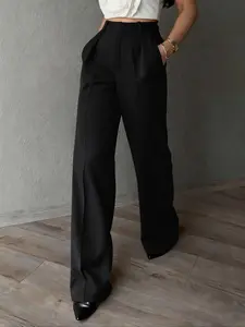 Women's Solid Color Casual Elegant Straight Leg Pants, Perfect for Everyday Wear, Commuting, and Office, Simple Design