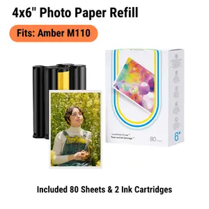 [Amber M110 4x6" Photo Paper], Liene Photo Paper & Cartridge for Amber M110 ,4x6" Photo Printer 80 Sheets Photo Paper & 2 Ink Cartridges Refill, Dye Sublimation, Only for Liene DHP515, for Display, Framing, Scrapbook