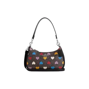 COACH Teri 24 Heart-Print Zip Top Handle and Crossbody Bag – Canvas and Leather, Medium Size, Women’s Silver, Brown, and Black