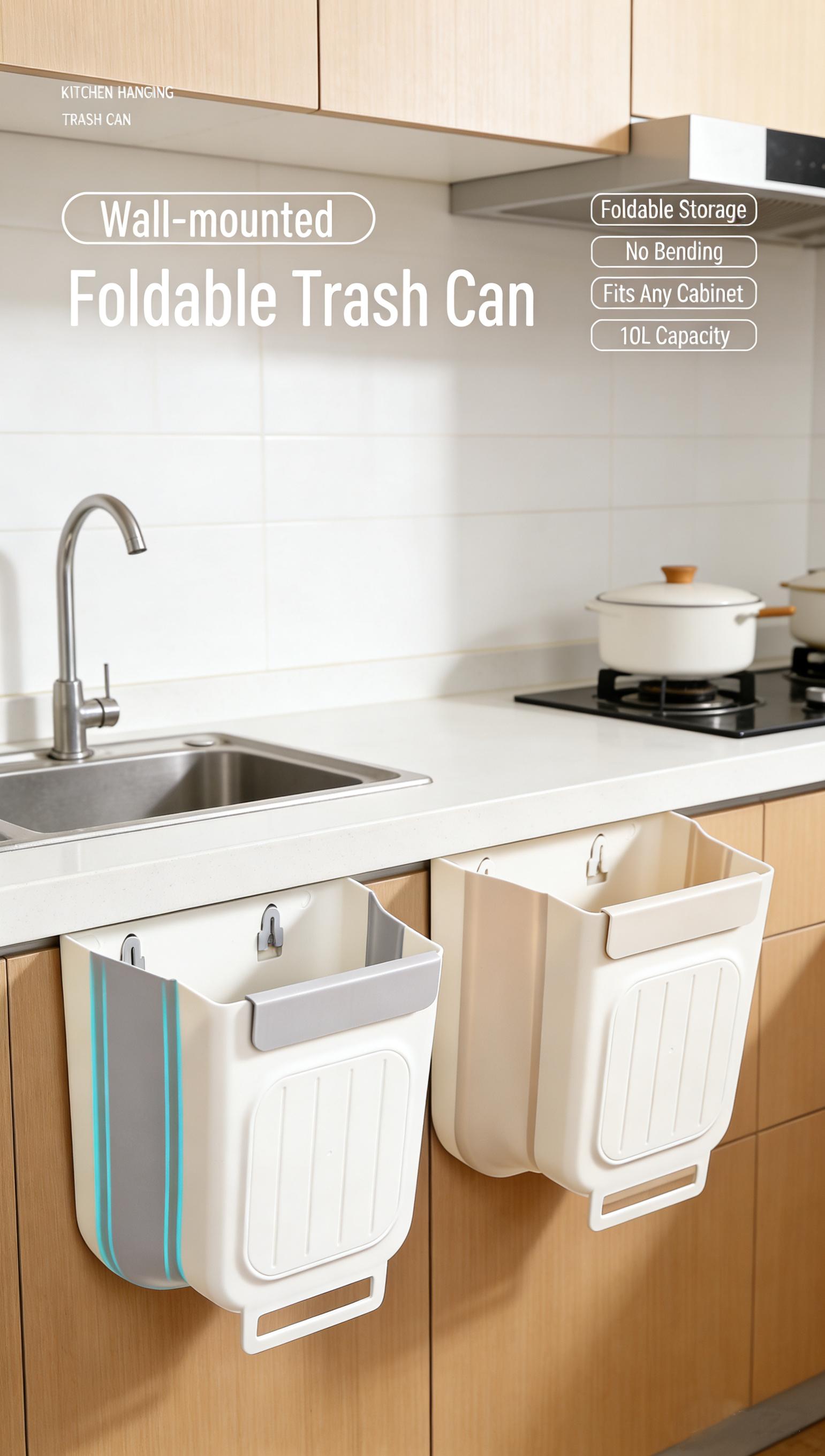 Foldable Kitchen Trash Can, Hanging Cabinet Door Garbage Bin, No Bending Over, Space Saving Wall Mounted Rubbish Bin for Kitchen, Bathroom,Foldable Design for Easy Storage, Durable Plastic Waste Container for Food Scraps, Household Organizer