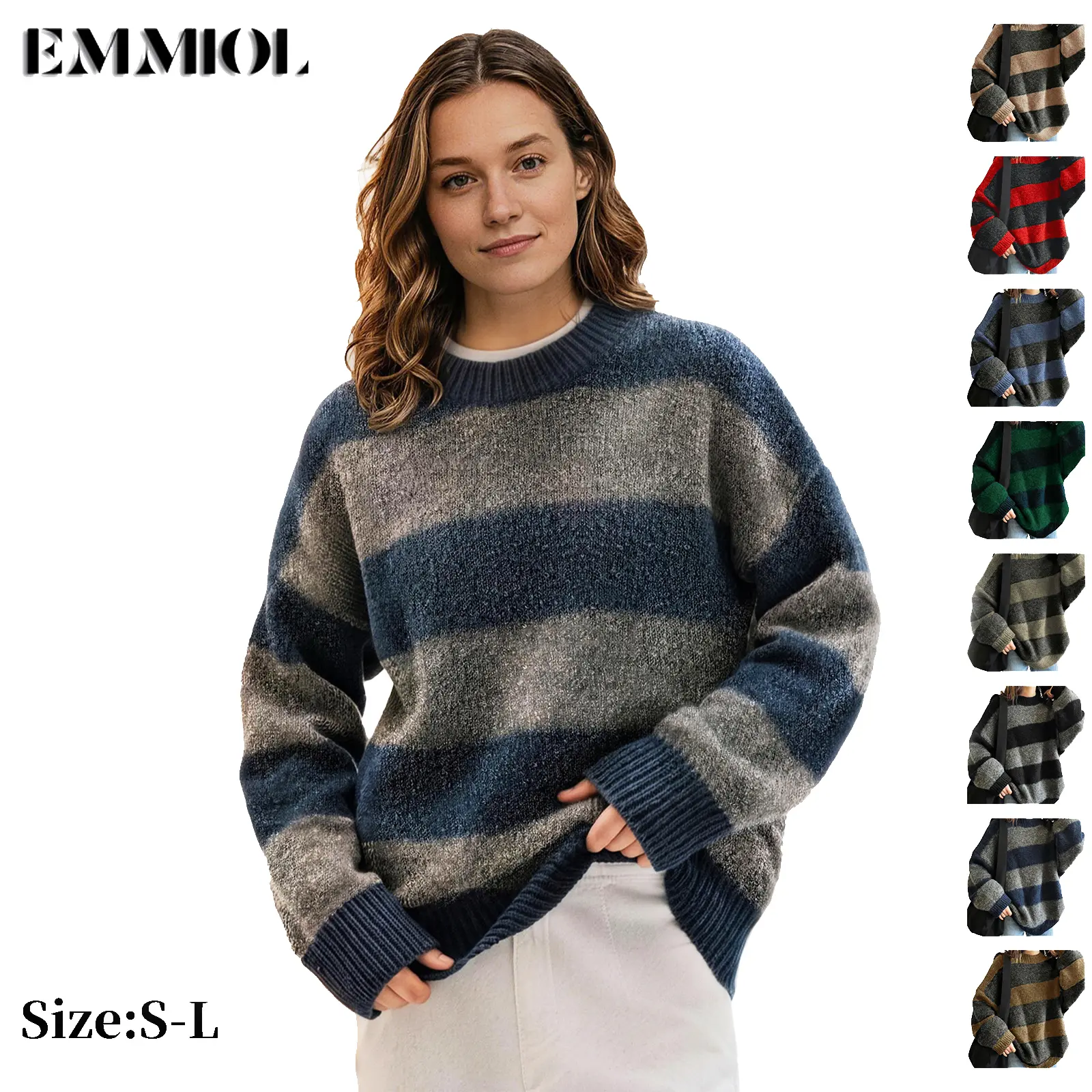 EMMIOL Women's Oversized Striped Sweaters 2026 Autumn And Winter Trendy Long Sleeve Knit Outfits Crewneck Fashion Pullover Tops SohoChic