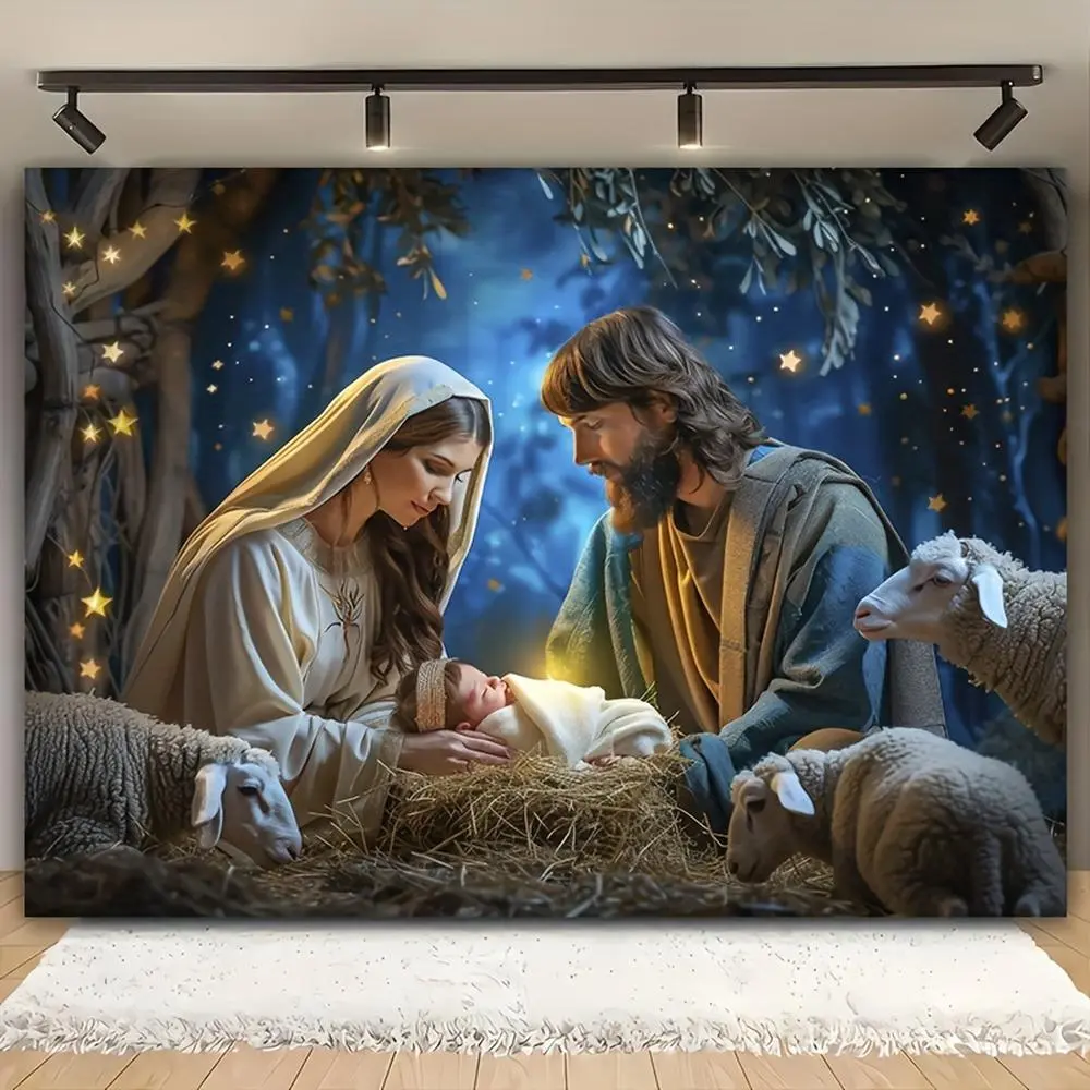 1-Piece Printed Christmas Polyester Tapestry Backdrop - Magical Blue Castle Winter Wonderland Design, Tapestry Fabric, for Living Room Decor, Birthday, Ceremony