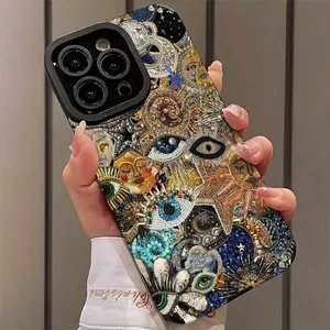 Jewelry Style Sun and Eye Pattern Design Shockproof Ultra-Thin Phone Case Casing for iPhone 16/15/14/13/12/11 Plus Pro Max, Dust-Proof and Beautiful Gift for Girlfriend Boyfriend Friend