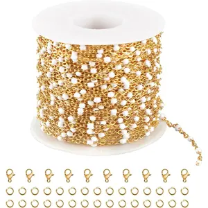 UMAOKANG 33 Feet Chains Bulk on Spool Gold Plated Stainless Steel White Bead Chain for Jewelry Making