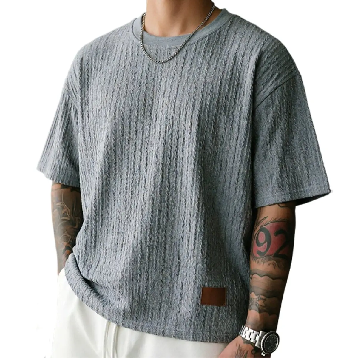 Men's Textured Small Herringbone Jacquard Ribbed Round Neck Short-Sleeve T-Shirt - Soft, Lightweight Menswear Top with Minimalist Design for Casual Streetwear, Everyday Outings, Tshirt, Shortsleeve