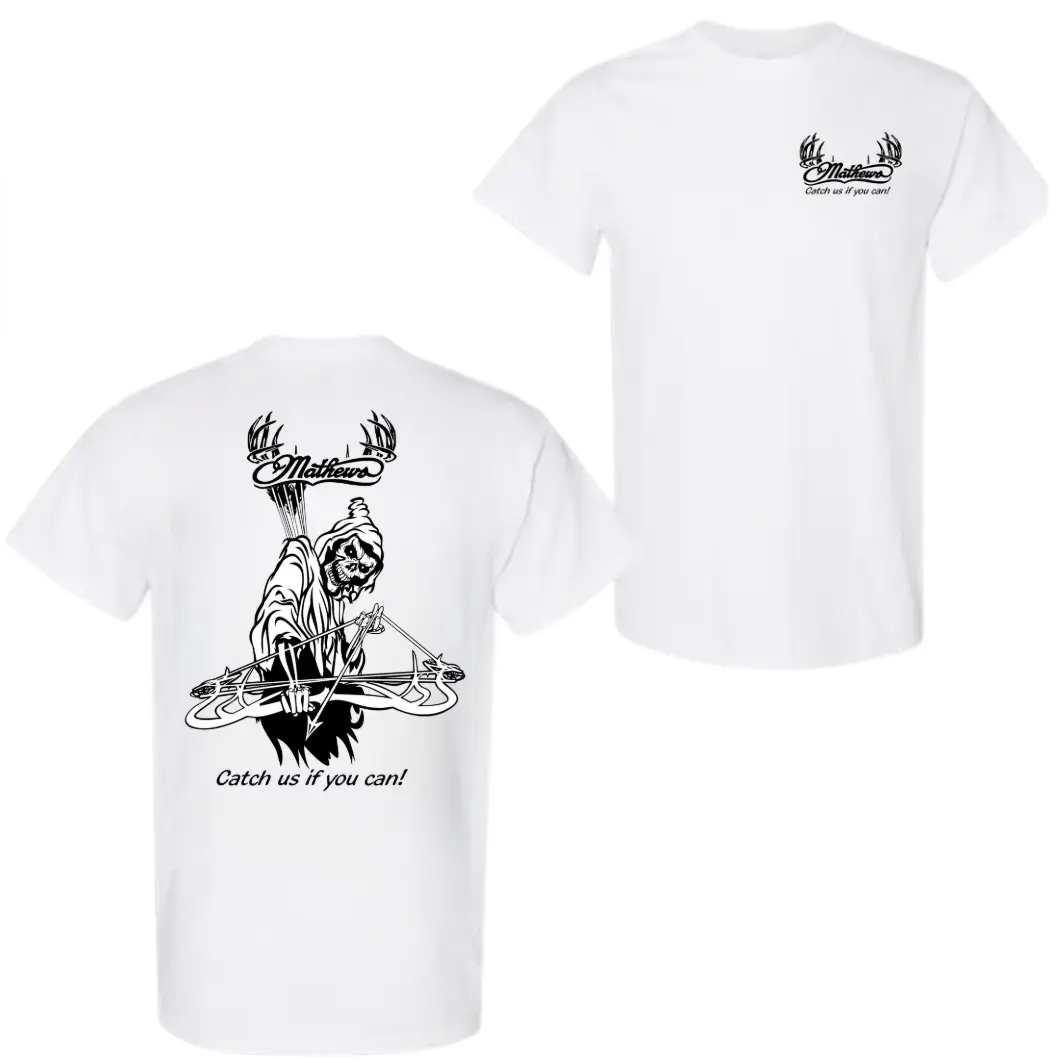 Mathews Archery Skeleton T-Shirt, Grim Reaper with Crossbow and “Catch Us If You Can” shirt, Unisex Fit for Men and Women, Gift for Bowhunters