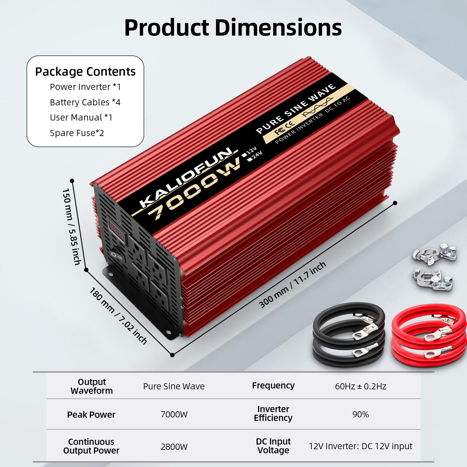 KALIOFUN 7000 W Pure Sine Wave Inverter, 1 unit, 12 V DC to 110 V AC, voltage display, 4 standard US outlets, hardwired, suitable for home, outdoor, and camping use, car inverter, no battery required