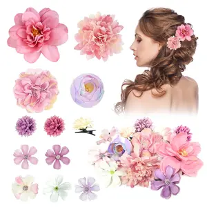 Silk Flower Hair Clip, 12Pcs Roses Flower Headdress Clips, Bridal Wedding Corsage and Headdress, Beach Party Hair Clips Accessories (Pink and Purple)
