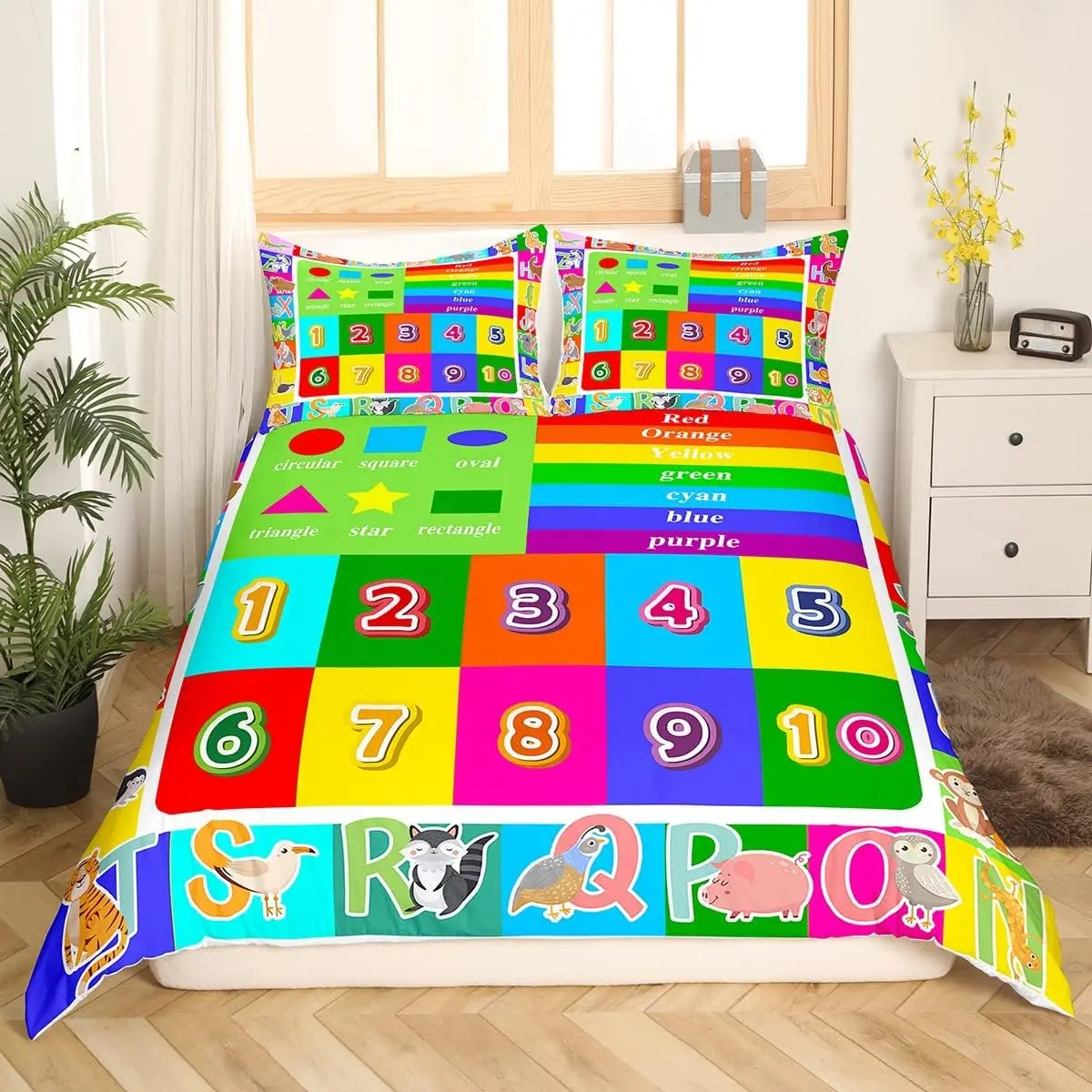 Feelyou Educational Reactive Print Duvet Cover Set - ABC Letters, Numbers, Shapes Learning Bedding, Soft Microfiber Fabric, Zipper-Closure, Machine Washable Bedroom Bedding (No Comforter)