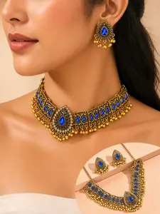 Indian Style Blue Rhinestone Choker Necklace & Earrings Set, Gold Tone Bollywood Wedding Jewelry Set for Women, Vintage Bridal Party Accessories