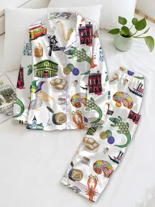 Mardi Gras Satin Pajama Set for Women with Colorful Mask, Beads, and Jazz Print – Fun New Orleans Themed Sleepwear for Party Lovers