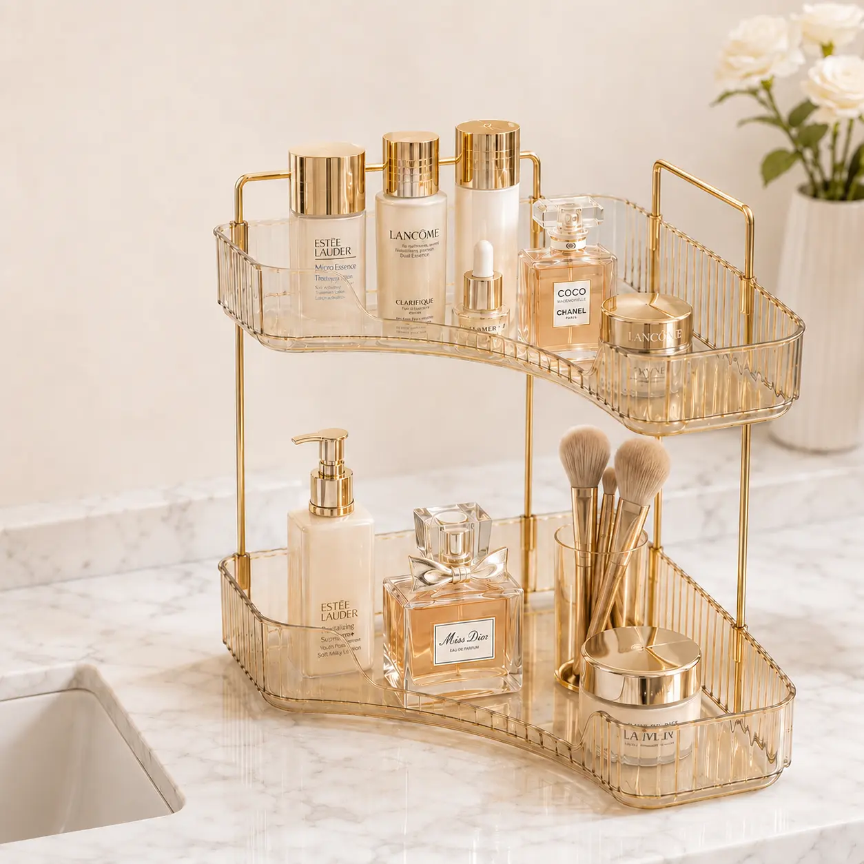 2 Tier Makeup Organizer for Vanity, Corner Bathroom Counter Organizer with Skincare and Perfume Storage Shelf, Space Saving Cosmetic Organizer for Dresser, Bathroom Countertop and Bedroom Cutlery Tableware