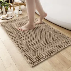 24"x36" Waffle Bath Mat, Super Absorbent Non Slip Ultra Soft Boho Bathroom Rug with Tassels, Machine Washable Floor Bath Mat for Bathroom, Beige